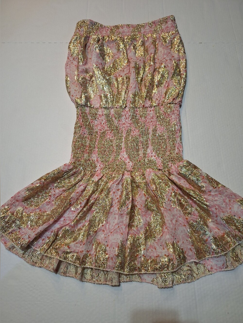 Muche Muchette pink and gold ruched strapless dress Fairycore Shimmer Size Small